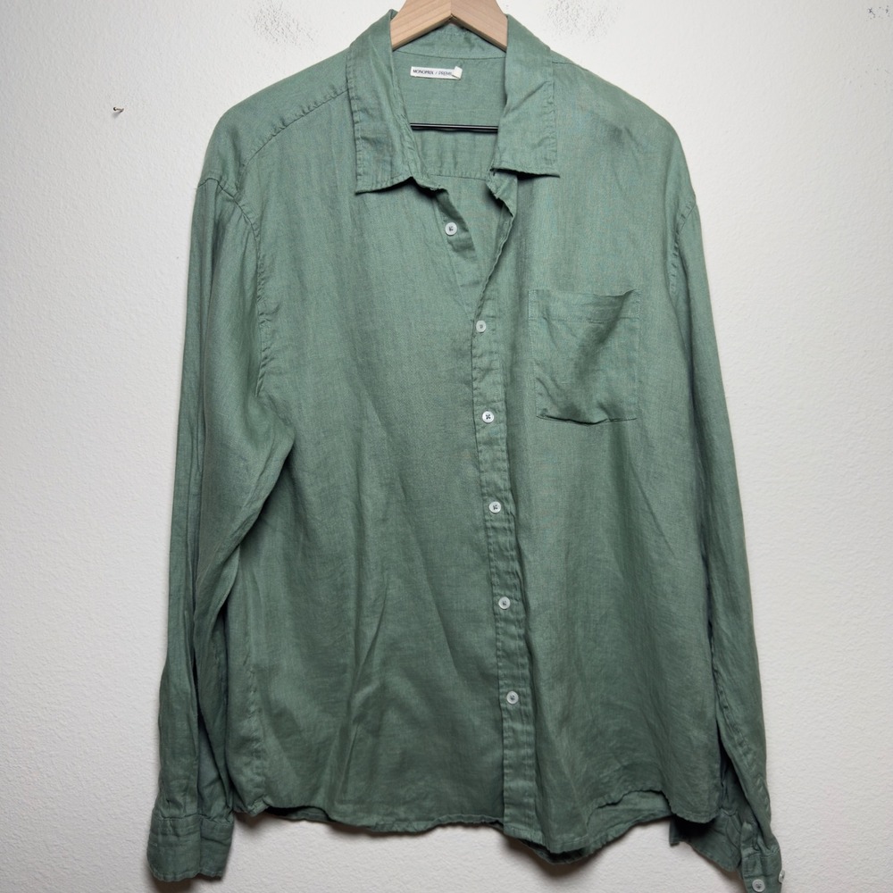 Monoprix Premium Men 100% Linen Button Down‎ Shirt XL Green Resort Beach Long